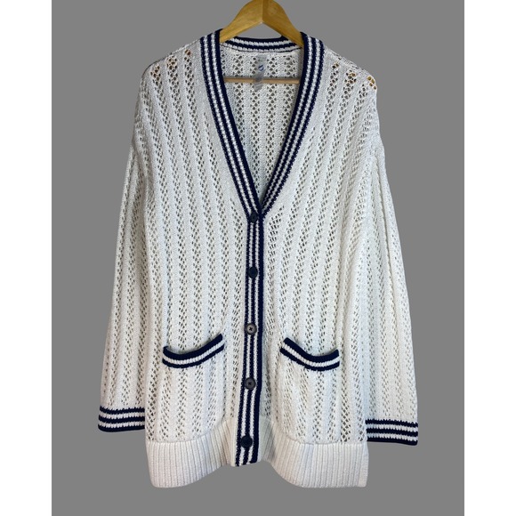 Lou & Grey Sweaters - Lou & Grey Womens M White Pointelle Knit Varsity Cardigan Navy Striped V-Neck